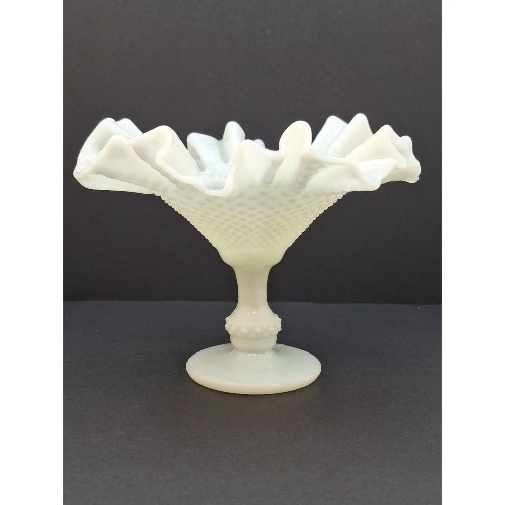 Vintage Portugal Ivima Glass Milk‎ Glass Diamond Point Footed Compote